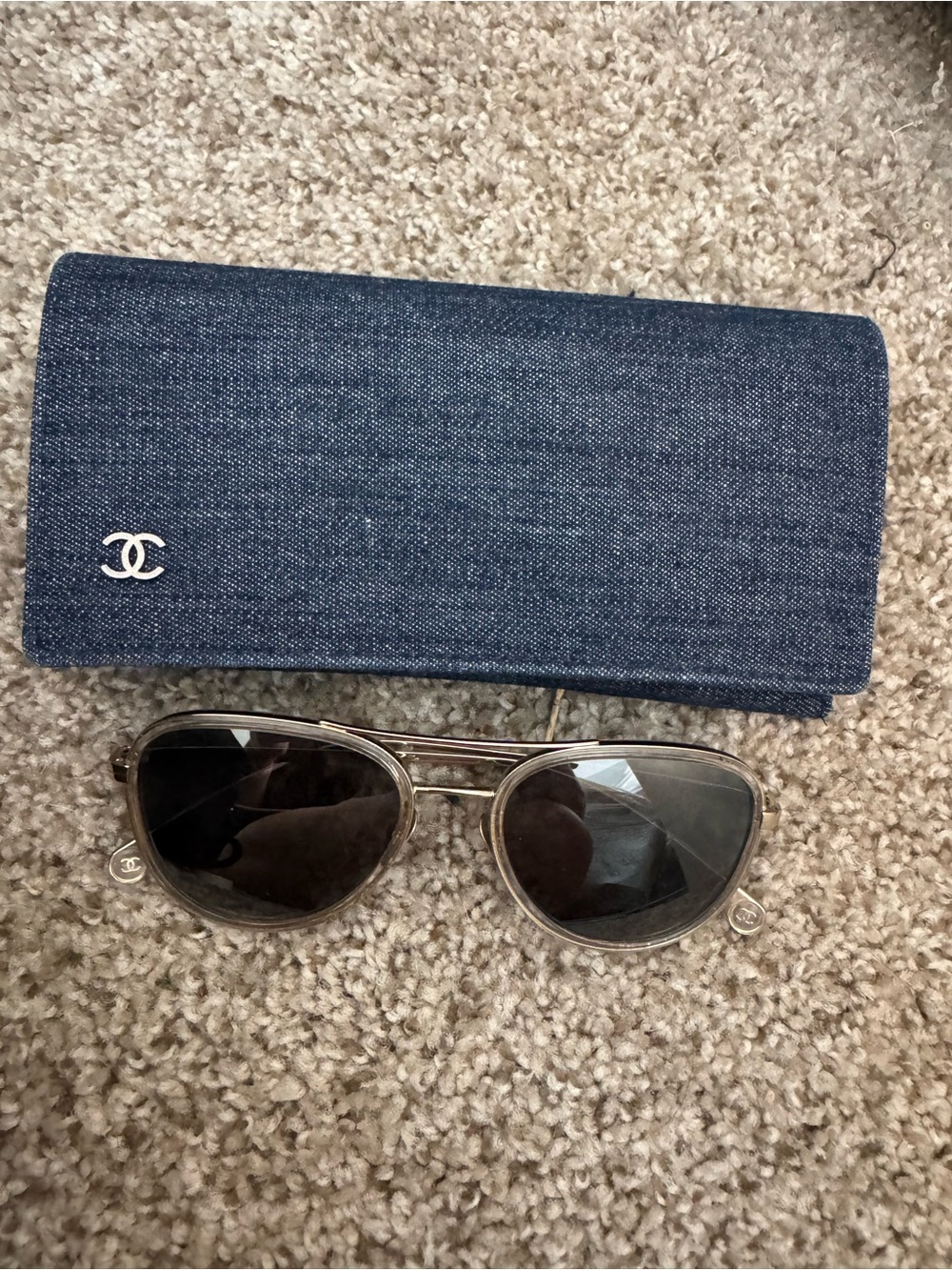 CHANEL Gold-Frame Square Aviator Sunglasses with Silver-Toned Lenses
